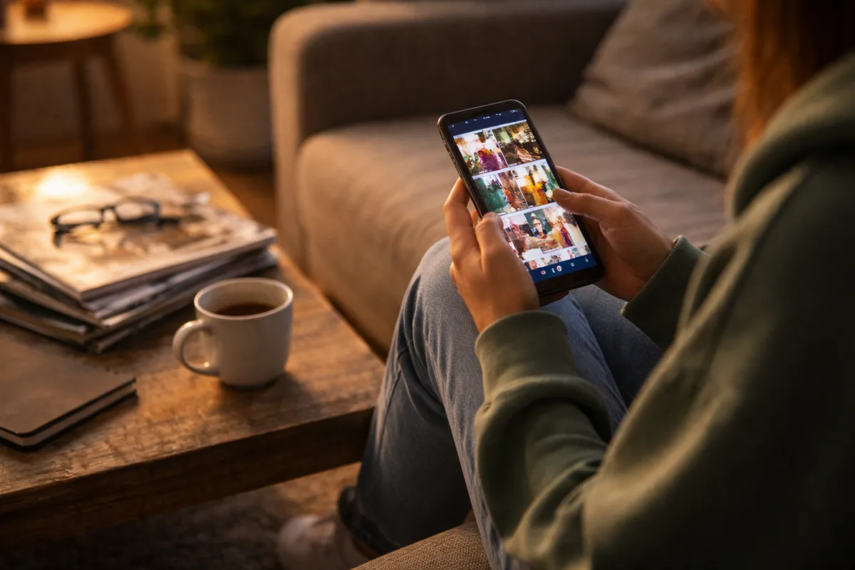 Junge Person auf einer Couch scrollt durch ein Smartphone mit bunten Inhalten auf dem Bildschirm, daneben Zeitschriften und eine Kaffeetasse