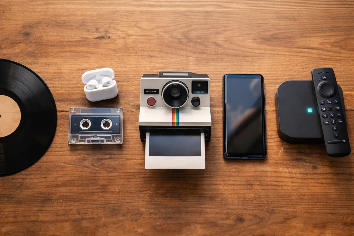 Flache Anordnung auf einem Holztisch mit Gegenständen verschiedener Jahrzehnte nebeneinander: Kassette neben kabellosen Kopfhörern, Polaroidkamera neben Smartphone, Schallplatte neben Streaming-Gerät