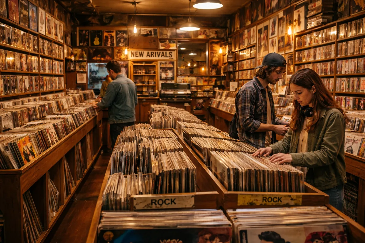 Innenansicht eines Plattenladens aus den 1990er-Jahren mit Holzregalen voller Schallplatten und CDs in warmer Beleuchtung