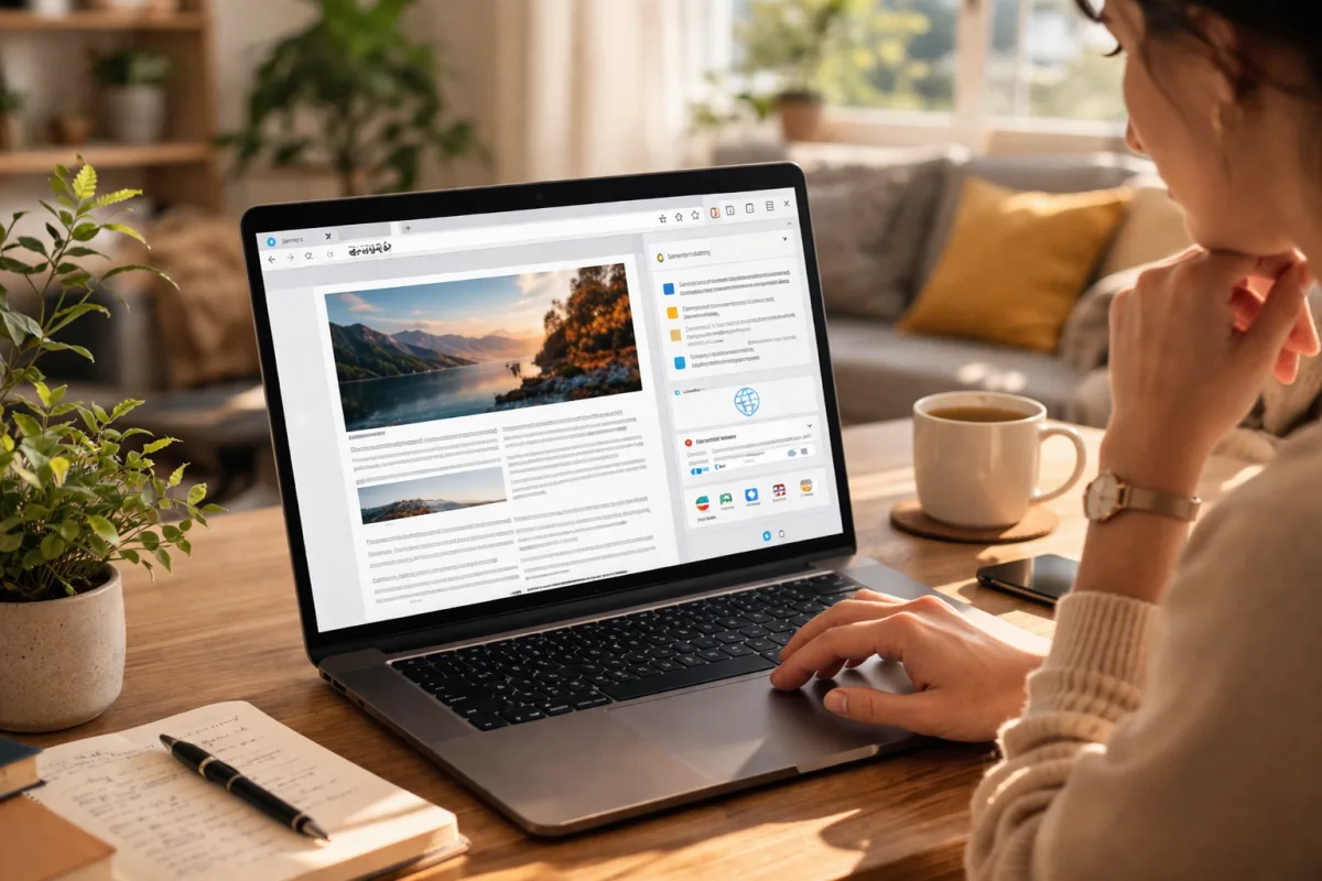 Person nutzt einen Browser mit Seitenleiste fuer Zusammenfassungen und Sprachhilfen