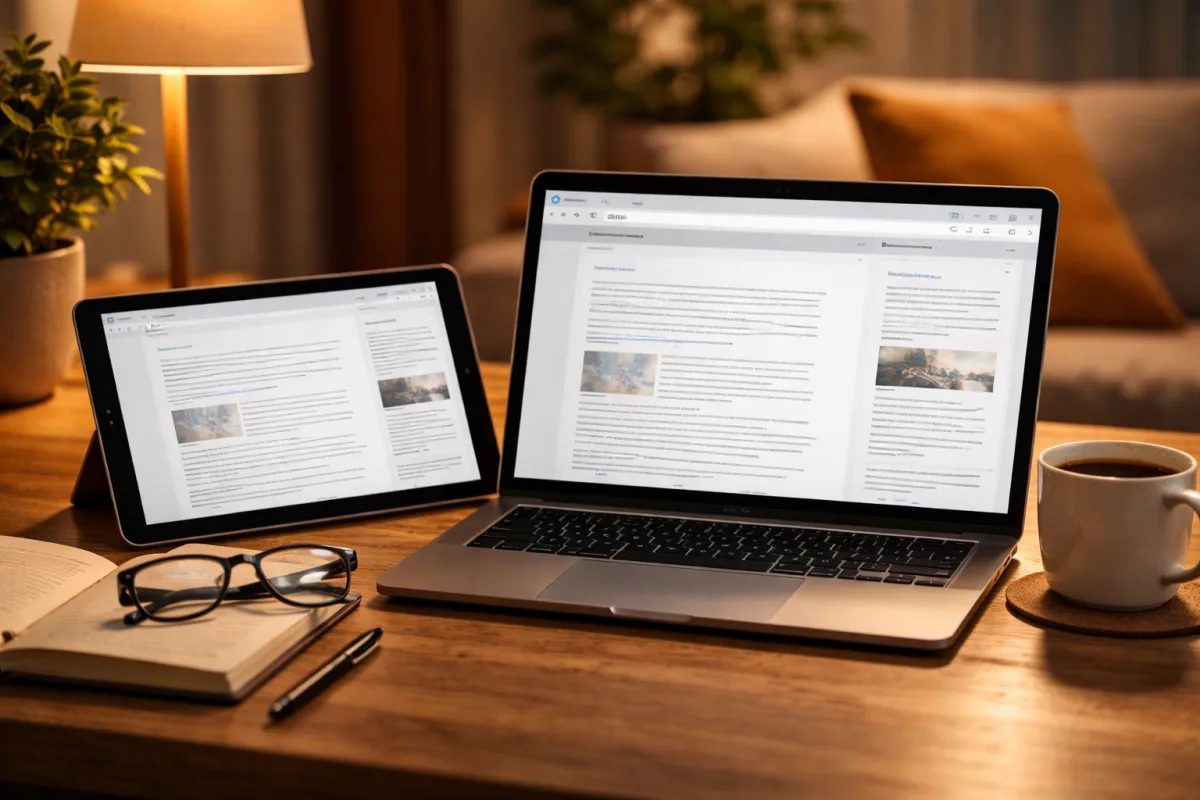 Tablet und Laptop mit stoerungsarmem Lesemodus in einer ruhigen Abendstimmung