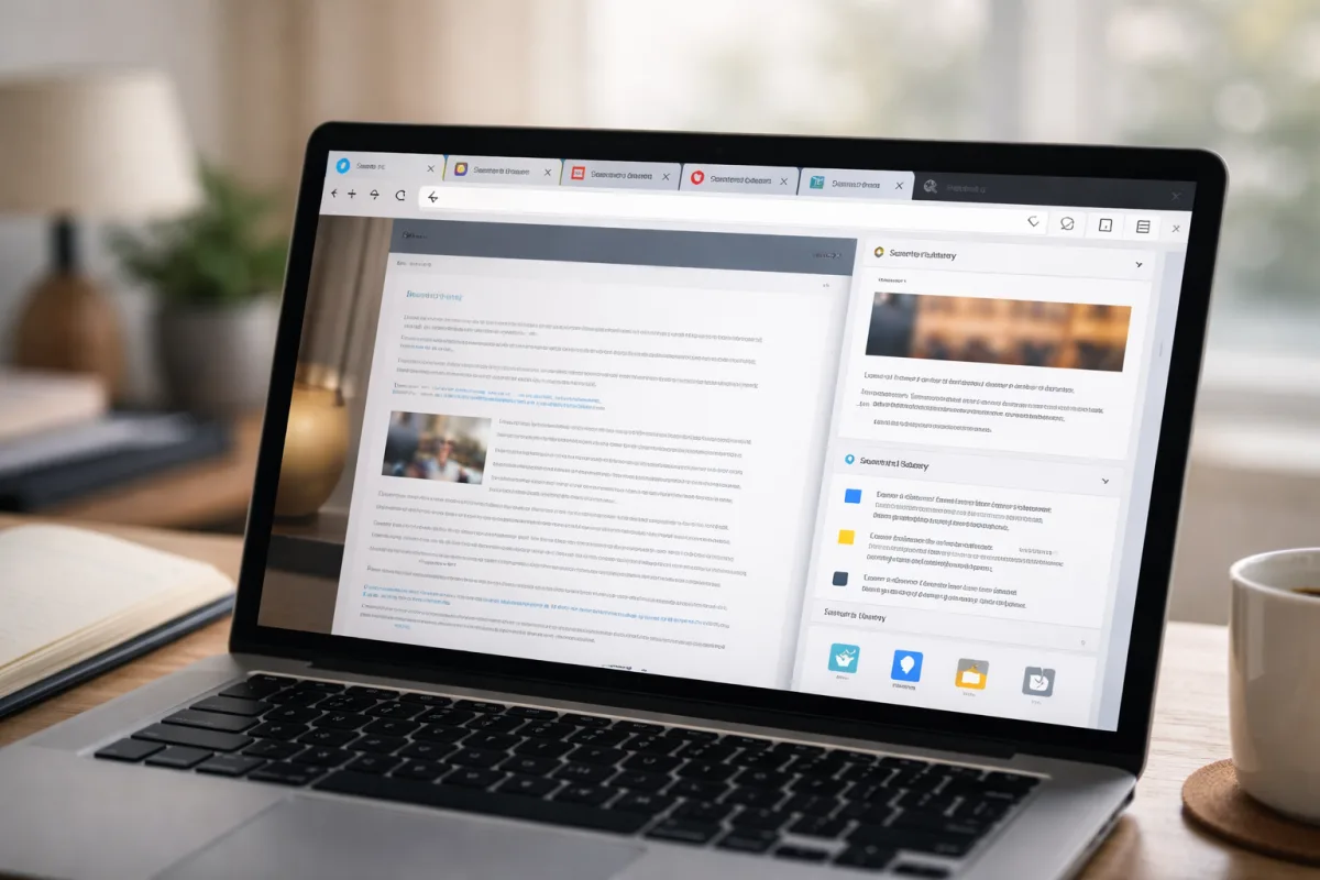 Nahaufnahme eines modernen Browsers mit geordneten Tabs und Lesemodus auf einem Laptop
