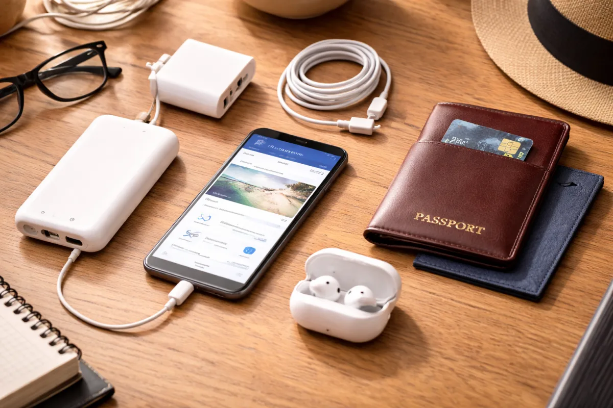 Smartphone, Powerbank und Reisezubehoer ordentlich auf einem Hoteltisch