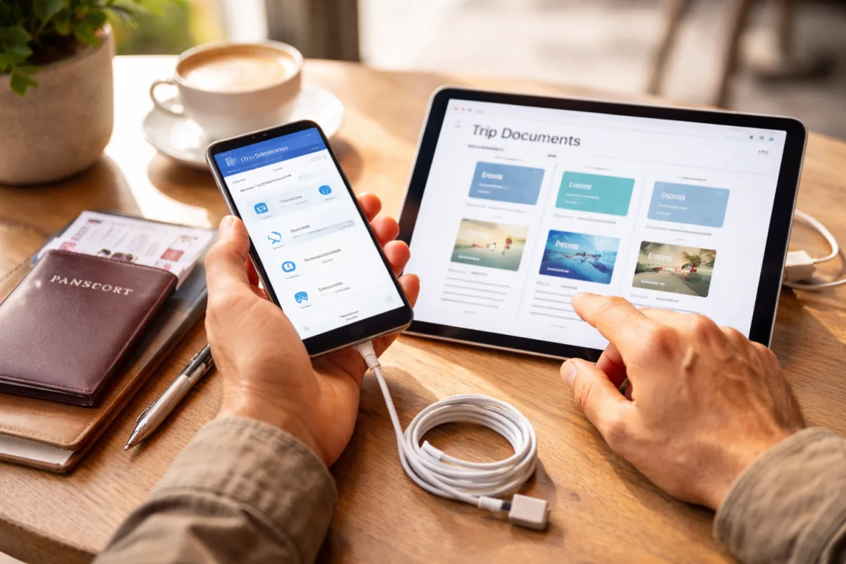 Reisende Person organisiert digitale Reisedokumente auf Smartphone und Tablet