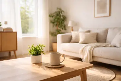 Heller, aufgeräumter minimalistischer Wohnraum mit Holztisch, Keramiktasse und Pflanze im natürlichen Licht