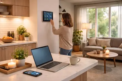 Person in einem modernen Wohnraum mit mehreren vernetzten digitalen Geräten im Alltag