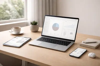 Moderner Arbeitsplatz mit Laptop, Smartphone und Tablet, die cleane Benutzeroberflächen zeigen