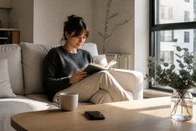 Eine Person entspannt zu Hause mit einem Buch, während das Smartphone ausgeschaltet auf dem Tisch liegt