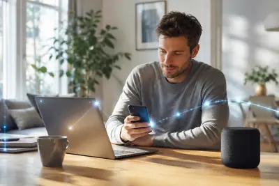 Person nutzt Smartphone und Laptop in einer modernen Wohnung, während dezente Lichtreflexe einen digitalen Assistenten andeuten