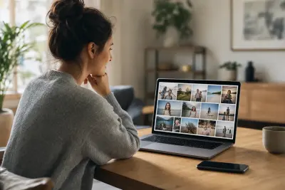 Person betrachtet digitale Fotos auf einem Laptop in einer ruhigen Wohnumgebung
