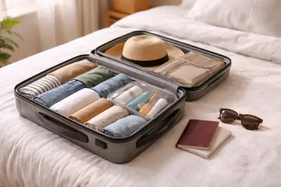 Geöffneter Handgepäck-Koffer auf einem Bett mit ordentlich gerollter Kleidung, Kulturbeutel und Reisepass daneben