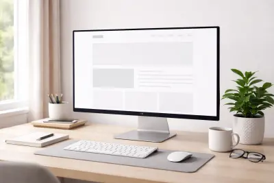 Aufgeräumter Arbeitsplatz mit großem Monitor, der ein minimalistisches Website-Layout mit viel Weißraum zeigt, neben einer Pflanze im natürlichen Licht
