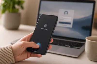 Hand einer Person, die einen Fingerabdrucksensor auf einem Smartphone zur Anmeldung nutzt, im Hintergrund ein Laptop mit Login-Bildschirm