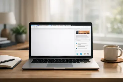 Laptop mit modernem Browser auf einem aufgeraeumten Schreibtisch in hellem Tageslicht