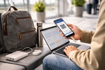 Reisende Person mit Smartphone und Laptop in einem hellen Bahnhof oder Flughafen-Terminal